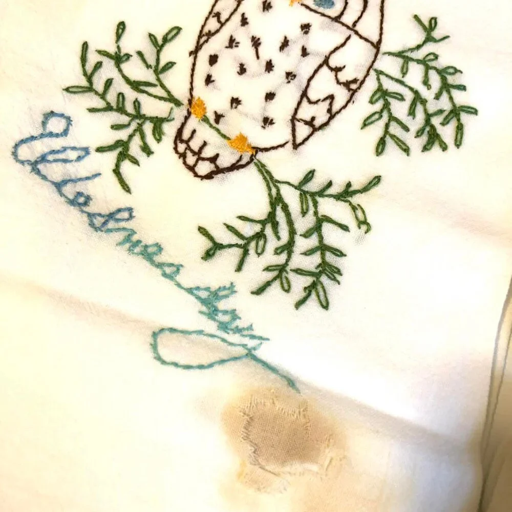 Set 7 Vintage 1970s Collectible Embroidered Tea Towels Owls Days Of The Week